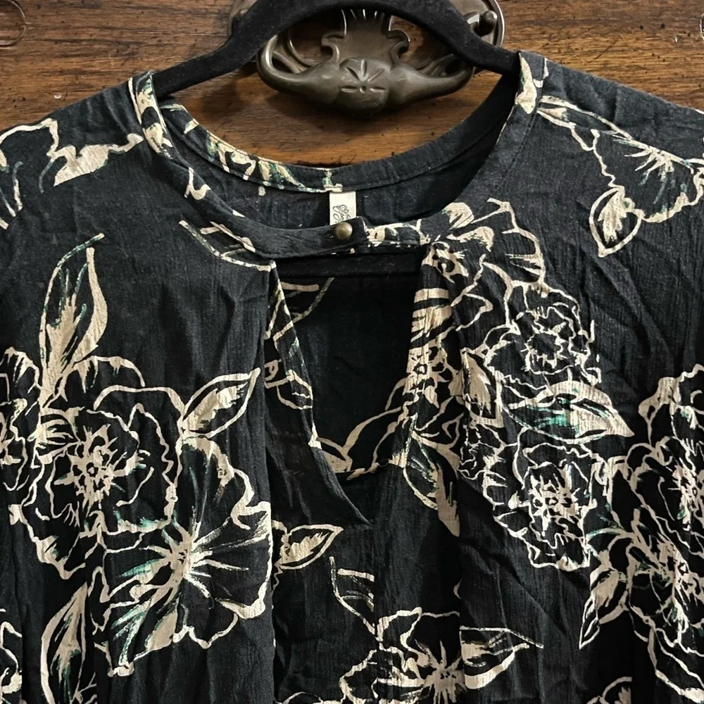 Free People Black and Cream Floral Long Sleeve Dress